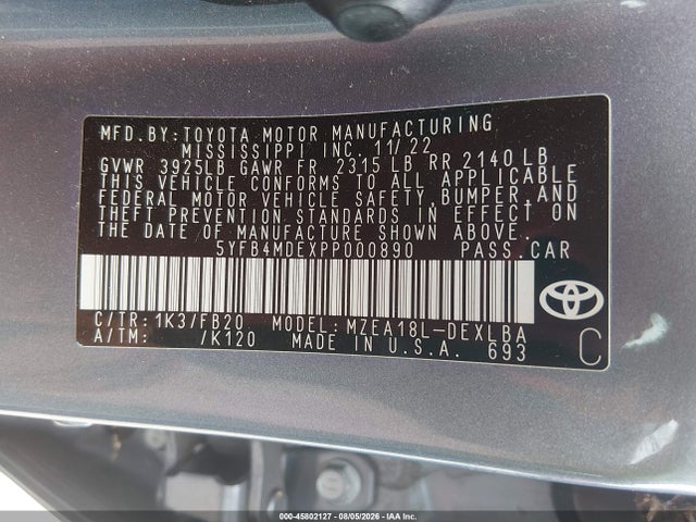 Продаж на аукціоні авто 2023 Toyota Corolla Le, vin: 5YFB4MDEXPP000890, номер лоту: 45802127