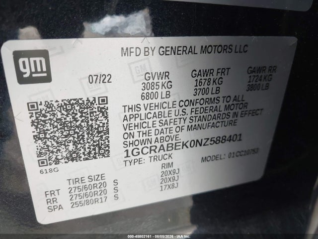Aukcja sprzedaży 2022 Chevrolet Silverado 1500 2wd  Standard Bed Custom, vin: 1GCRABEK0NZ588401, numer aukcji: 45802161