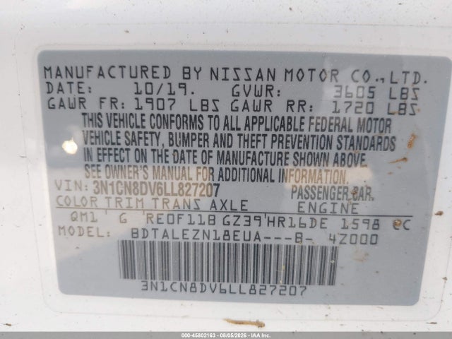 Nissan Versa S Xtronic Cvt 2020 3N1CN8DV6LL827207 Image 9