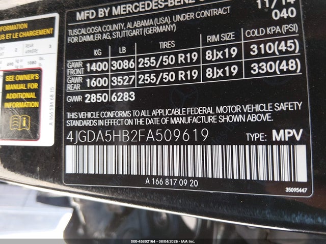 Mercedes-Benz Ml 350 4matic 2015 4JGDA5HB2FA509619 Image 9