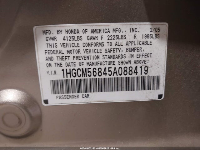 2005 Honda Accord 2.4 Ex მანქანა იყიდება აუქციონზე, vin: 1HGCM56845A088419, აუქციონის ნომერი: 45802165