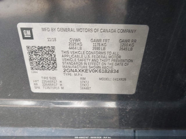 Aukcja sprzedaży 2019 Chevrolet Equinox Lt, vin: 2GNAXKEV0K6182834, numer aukcji: 45802167