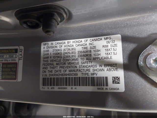 2HKRW2H80NH650369 Honda Cr-v Awd Ex-l
