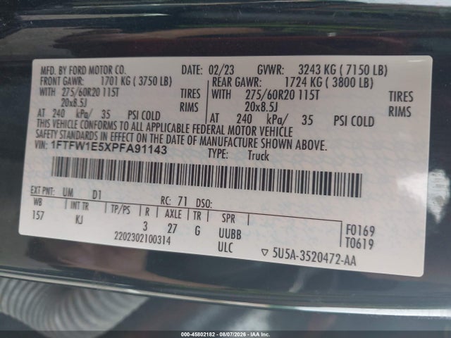 45802182 :رقم المزاد ، 1FTFW1E5XPFA91143 vin ، 2023 Ford F-150 King Ranch مزاد بيع