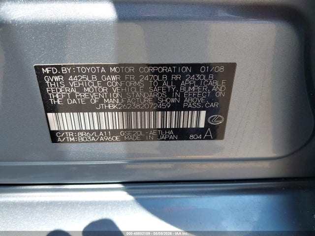 Aukcja sprzedaży 2008 Lexus Is 250, vin: JTHBK262382072459, numer aukcji: 45802189