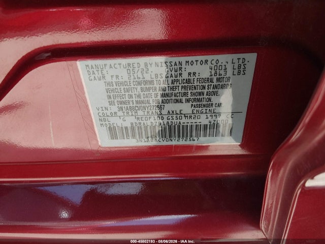 3N1AB8CV0NY272567 Nissan Sentra Sv Xtronic Cvt