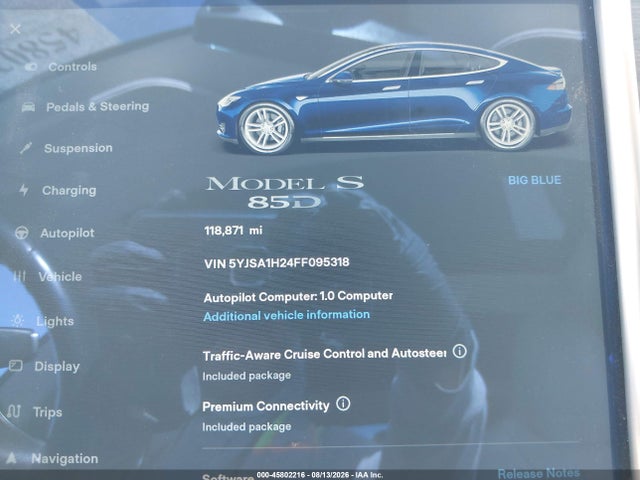 45802216 :رقم المزاد ، 5YJSA1H24FF095318 vin ، 2015 Tesla Model S 70d/85d/p85d مزاد بيع