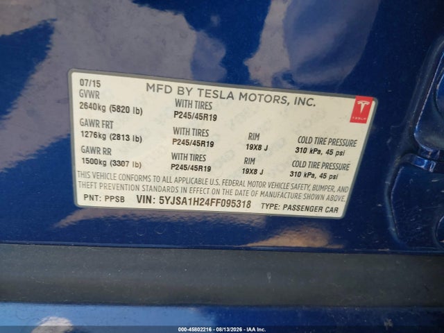 45802216 :رقم المزاد ، 5YJSA1H24FF095318 vin ، 2015 Tesla Model S 70d/85d/p85d مزاد بيع