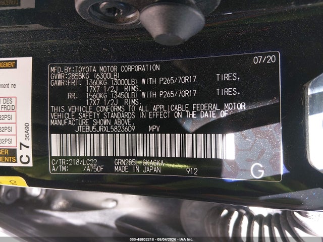Aukcja sprzedaży 2020 Toyota 4runner Trd Off Road Premium, vin: JTEBU5JRXL5823609, numer aukcji: 45802218