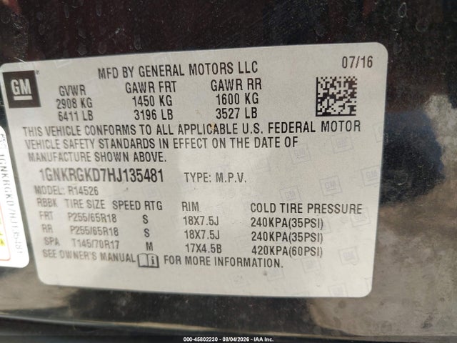 Chevrolet Traverse Lt 2017 1GNKRGKD7HJ135481 Image 9