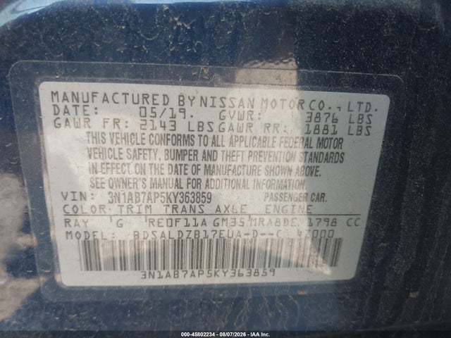 Nissan SENTRA SV 2019 3N1AB7AP5KY363859 Image 9