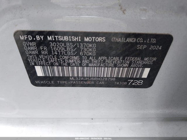 Продажа на аукционе авто 2024 Mitsubishi Mirage Es/le, vin: ML32AUHJ6RH028798, номер лота: 45802243