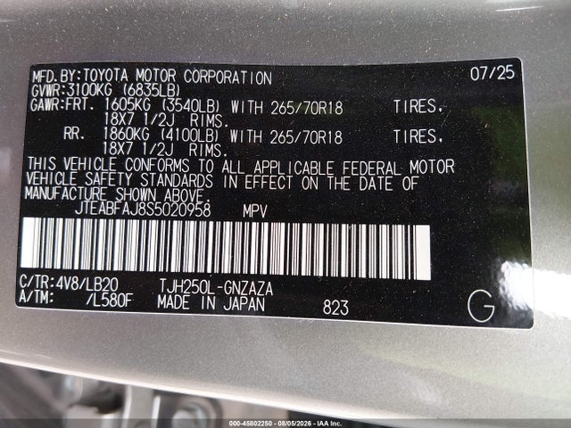 2025 Toyota Land Cruiser მანქანა იყიდება აუქციონზე, vin: JTEABFAJ8S5020958, აუქციონის ნომერი: 45802250