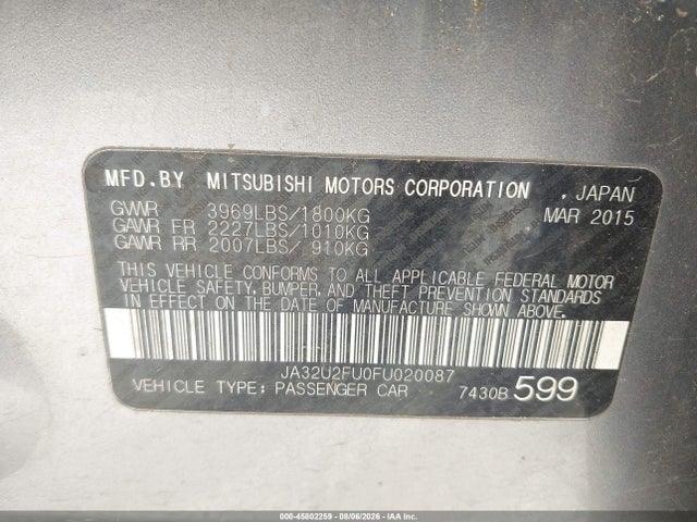 45802259 :رقم المزاد ، JA32U2FU0FU020087 vin ، 2015 Mitsubishi Lancer Es مزاد بيع