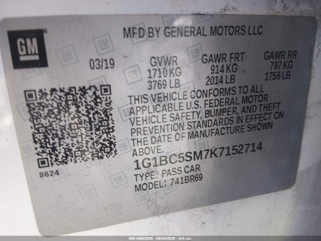 Продаж на аукціоні авто 2019 Chevrolet Cruze Ls, vin: 1G1BC5SM7K7152714, номер лоту: 45802266