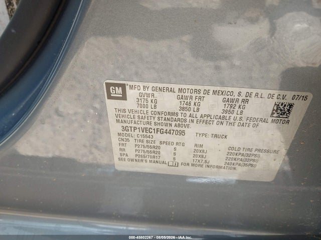 Aukcja sprzedaży 2015 Gmc Sierra 1500 Slt, vin: 3GTP1VEC1FG447095, numer aukcji: 45802267