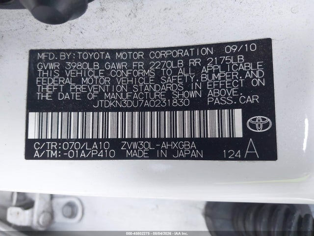 2010 Toyota Prius Iv მანქანა იყიდება აუქციონზე, vin: JTDKN3DU7A0231830, აუქციონის ნომერი: 45802275