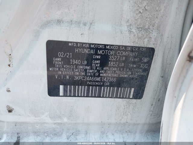 2021 Hyundai Accent Se მანქანა იყიდება აუქციონზე, vin: 3KPC24A66ME142366, აუქციონის ნომერი: 45802295
