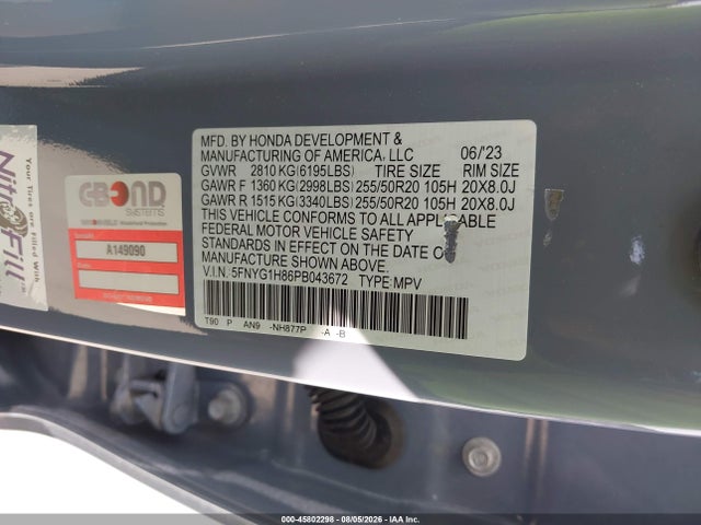 2023 Honda Pilot Awd Elite მანქანა იყიდება აუქციონზე, vin: 5FNYG1H86PB043672, აუქციონის ნომერი: 45802298
