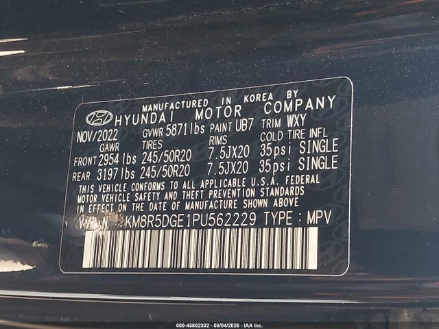 Aukcja sprzedaży 2023 Hyundai Palisade Limited, vin: KM8R5DGE1PU562229, numer aukcji: 45802302