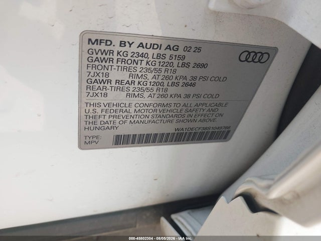 Продаж на аукціоні авто 2025 Audi Q3 Premium 45 Tfsi S Line Quattro Tiptronic, vin: WA1DECF38S1049766, номер лоту: 45802304