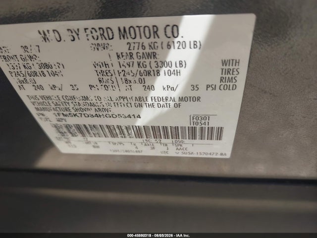 Aukcja sprzedaży 2017 Ford Explorer Xlt, vin: 1FM5K7D84HGD53414, numer aukcji: 45802315