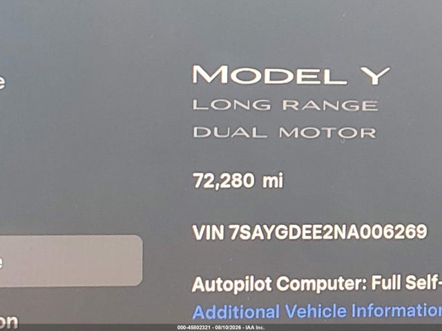 Продаж на аукціоні авто 2022 Tesla Model Y Long Range Dual Motor All-wheel Drive, vin: 7SAYGDEE2NA006269, номер лоту: 45802321