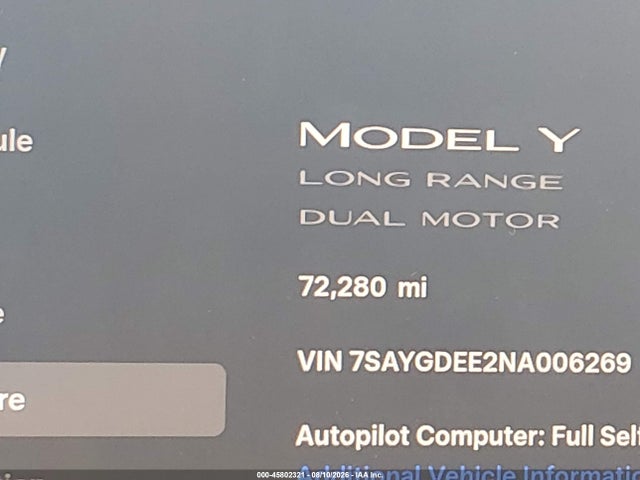 Продаж на аукціоні авто 2022 Tesla Model Y Long Range Dual Motor All-wheel Drive, vin: 7SAYGDEE2NA006269, номер лоту: 45802321