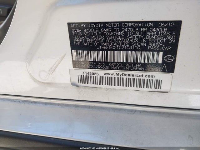 Aukcja sprzedaży 2012 Lexus Is 250, vin: JTHBF5C21C2103100, numer aukcji: 45802325