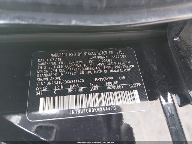 45802328 :رقم المزاد ، JN1BJ1CR0KW344470 vin ، 2019 Nissan Rogue Sport Sv مزاد بيع