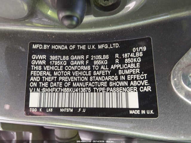 45802338 :رقم المزاد ، SHHFK7H88KU413875 vin ، 2019 Honda Civic Ex-l مزاد بيع