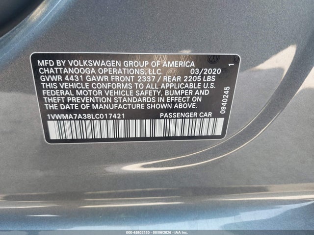 Продаж на аукціоні авто 2020 Volkswagen Passat 2.0t R-line, vin: 1VWMA7A38LC017421, номер лоту: 45802350