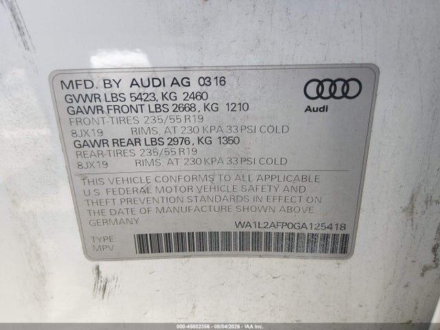 Aukcja sprzedaży 2016 Audi Q5 2.0t Premium, vin: WA1L2AFP0GA125418, numer aukcji: 45802356