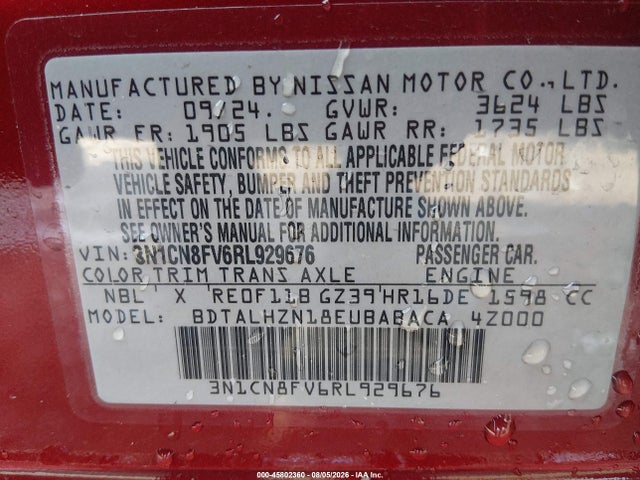 2024 Nissan Versa 1.6 Sr მანქანა იყიდება აუქციონზე, vin: 3N1CN8FV6RL929676, აუქციონის ნომერი: 45802360