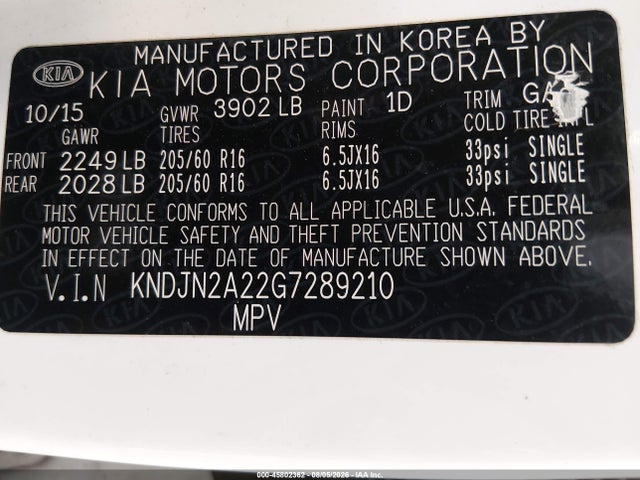 Aukcja sprzedaży 2016 Kia Soul, vin: KNDJN2A22G7289210, numer aukcji: 45802362