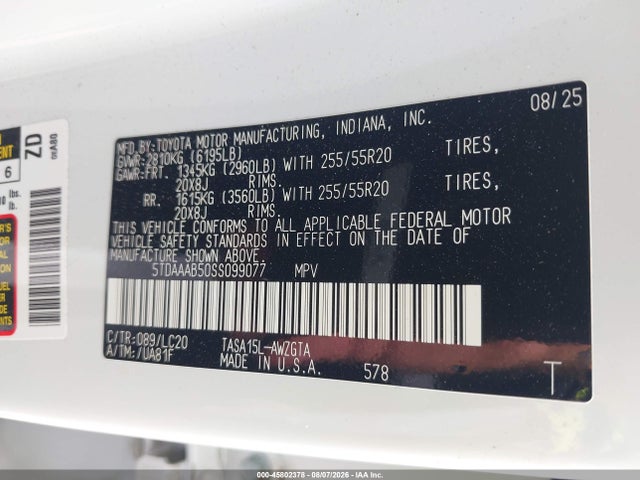 2025 Toyota Grand Highlander Limited მანქანა იყიდება აუქციონზე, vin: 5TDAAAB50SS099077, აუქციონის ნომერი: 45802378
