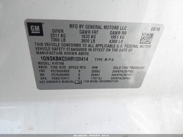 Продажа на аукционе авто 2017 Chevrolet Tahoe Lt, vin: 1GNSKBKC5HR109414, номер лота: 45802385