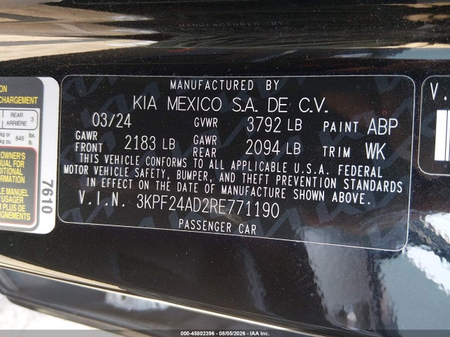 Aukcja sprzedaży 2024 Kia Forte Lxs, vin: 3KPF24AD2RE771190, numer aukcji: 45802396