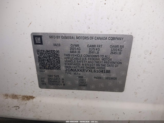 2020 Chevrolet Equinox Fwd Lt 1.5l Turbo მანქანა იყიდება აუქციონზე, vin: 2GNAXKEVXL6104188, აუქციონის ნომერი: 45802409