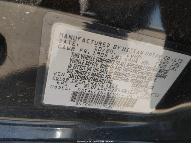 Продажа на аукционе авто 2021 Nissan Versa S Xtronic Cvt, vin: 3N1CN8DV7ML821742, номер лота: 45802412
