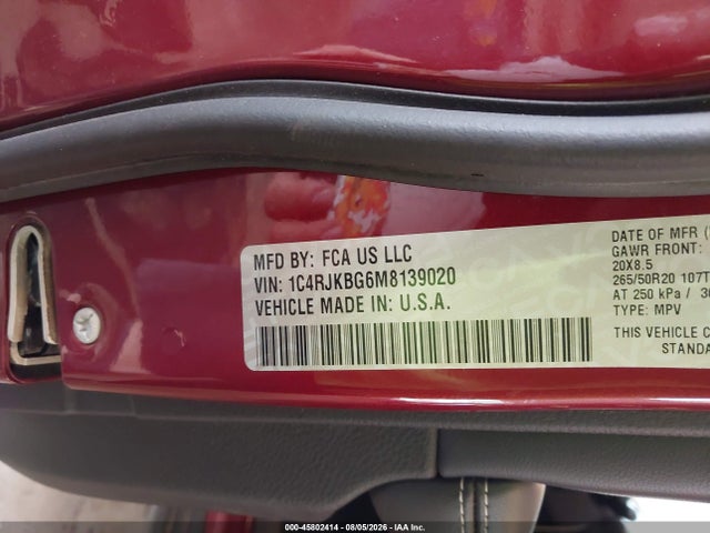 45802414 :رقم المزاد ، 1C4RJKBG6M8139020 vin ، 2021 Jeep Grand Cherokee L Limited 4x4 مزاد بيع