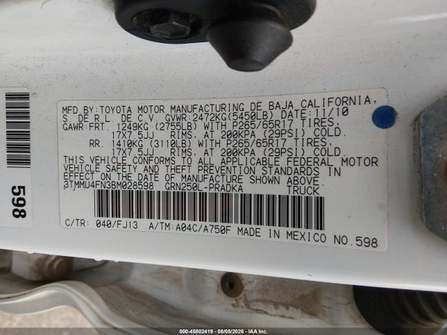 2011 Toyota Tacoma Base V6 მანქანა იყიდება აუქციონზე, vin: 3TMMU4FN3BM028598, აუქციონის ნომერი: 45802419