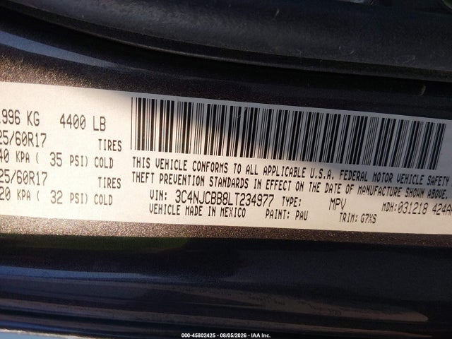 Aukcja sprzedaży 2020 Jeep Compass Sun And Safety Fwd, vin: 3C4NJCBB8LT234977, numer aukcji: 45802425
