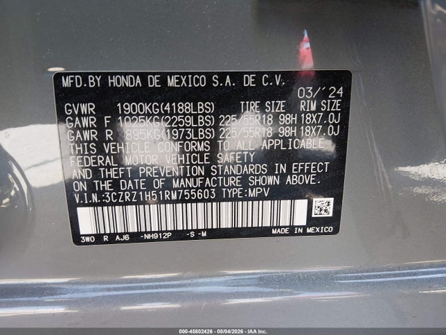 Продажа на аукционе авто 2024 Honda Hr-v 2wd Sport/2wd Sport W/o Bsi, vin: 3CZRZ1H51RM755603, номер лота: 45802426