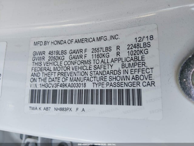 1HGCV3F49KA003018 Honda Accord Hybrid Ex
