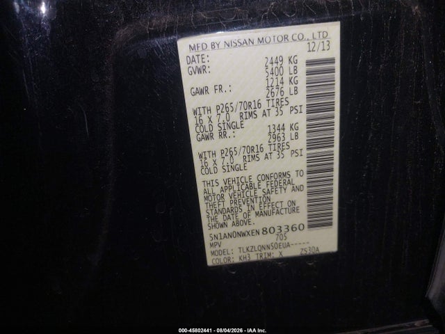 45802441 :رقم المزاد ، 5N1AN0NWXEN803360 vin ، 2014 Nissan Xterra Pro-4x/s/x مزاد بيع