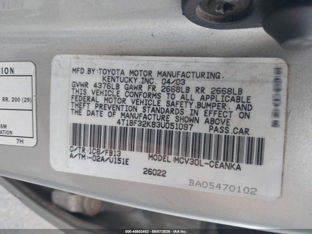 Продаж на аукціоні авто 2003 Toyota Camry Le V6, vin: 4T1BF32K83U051097, номер лоту: 45802452