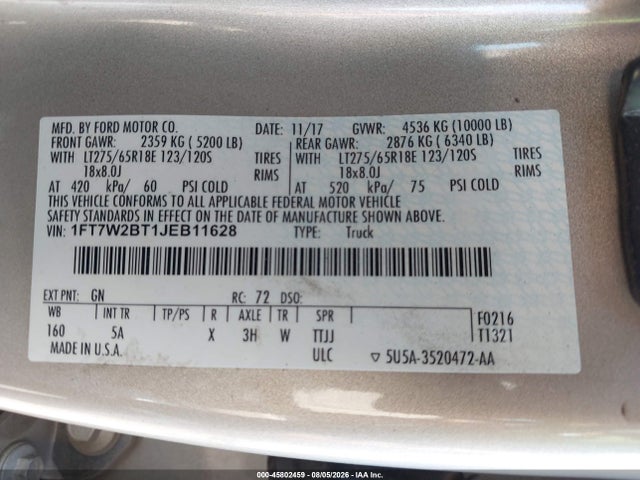 45802459 :رقم المزاد ، 1FT7W2BT1JEB11628 vin ، 2018 Ford F-250 Lariat مزاد بيع