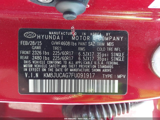 Aukcja sprzedaży 2015 Hyundai Tucson Se, vin: KM8JUCAG7FU091917, numer aukcji: 45802462