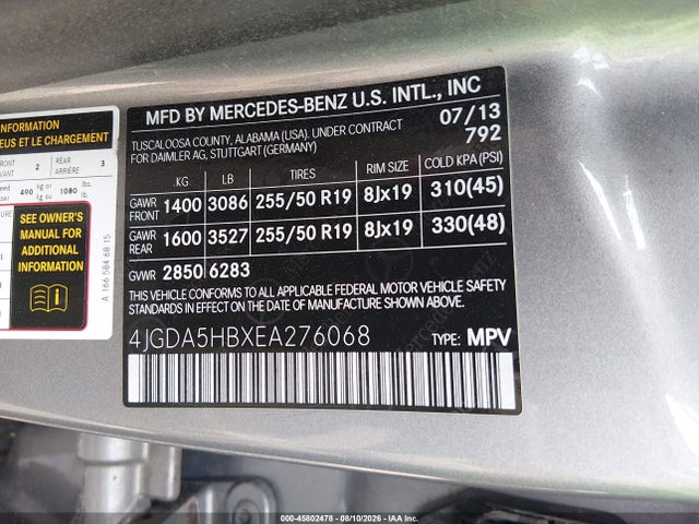 45802478 :رقم المزاد ، 4JGDA5HBXEA276068 vin ، 2014 Mercedes-benz Ml 350 4matic مزاد بيع